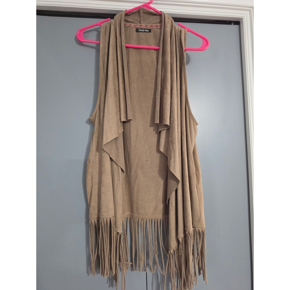 Kandy Kiss Vest Women Large Tan Excellent Faux Suede Fringe Open Front Draped